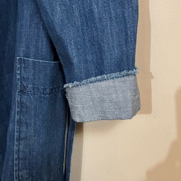 Gap Sz S Long Line Denim Trench Coat Patch Pockets Belt Frayed Edges Blue EUC - Picture 5 of 9